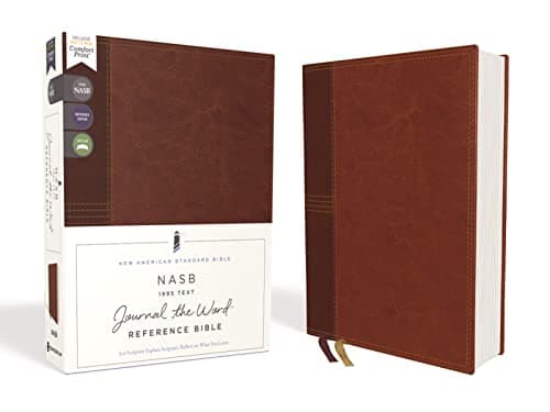 Book cover for NASB, Journal the Word Reference Bible, Leathersoft over Board, Brown, Red Letter, 1995 Text, Comfort Print: Let Scripture Explain Scripture. Reflect on What You Learn. by Zondervan