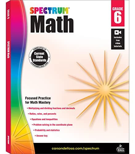 Book cover for Spectrum 6th Grade Math Workbooks, Ages 11 to 12, Math 6th Grade Workbook Covering Multiplying & Dividing Fractions, Decimals, Math Equations, Percents, Probability, Statistics, Grade 6 Math Workbook by Spectrum