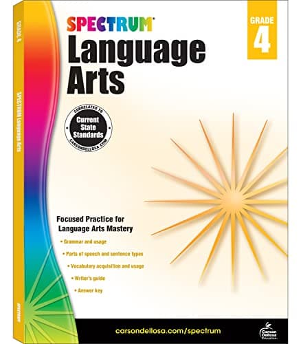 Book cover for Spectrum Language Arts Grade 4, Ages 9 to 10, 4th Grade Language Arts Workbook, Vocabulary, Sentence Types, Parts of Speech, Writing Practice, and Grammar Workbook - 200 Pages (Volume 14) by Spectrum
