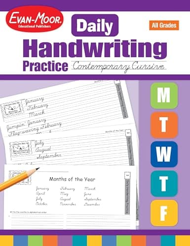 Book cover for Evan-Moor Daily Handwriting Practice Contemporary Cursive, Kindergarten-Grade 6, Homeschooling and Classroom Resource Workbook, Penmanship, Writing, ... Alphabet Synonyms (Daly Handwriting Practice) by Evan-Moor Educational Publishers