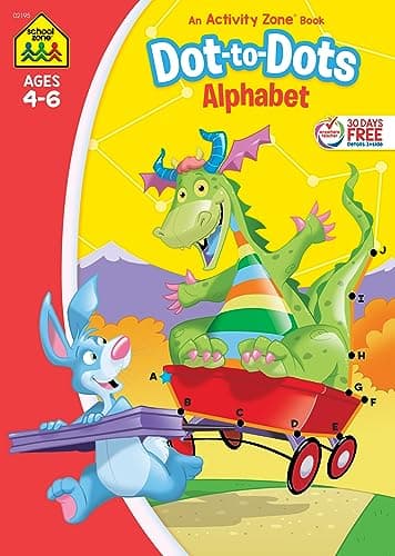 Book cover for School Zone Dot-to-Dots Alphabet Workbook: 32 Pages, Preschool, Kindergarten, Connect the Dots, Letter Puzzles, ABCs, Ages 4 to 6 (Activity Zone Book Series) by School Zone