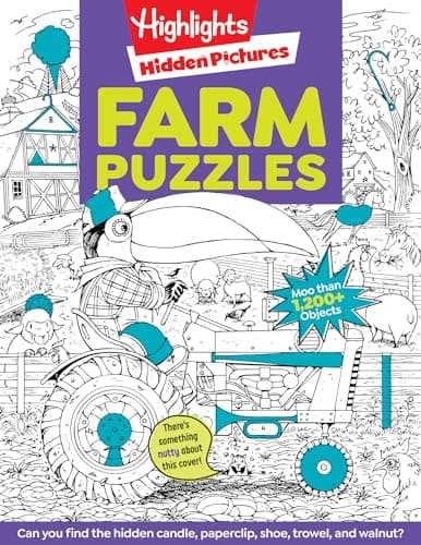 Book cover for Farm Puzzles: Ultimate Farm Picture Puzzle Book with Over 1,200 Objects to Seek and Find, Farm-Themed Activity Book for Kids 6 and Older (Highlights™ Hidden Pictures®) by Highlights