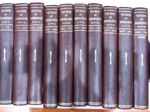Book cover for The Book of Knowledge Children's Encyclopedia, Complete Set, 20 Volumes in 10 Books, Burgundy Hardcover by Golier Society